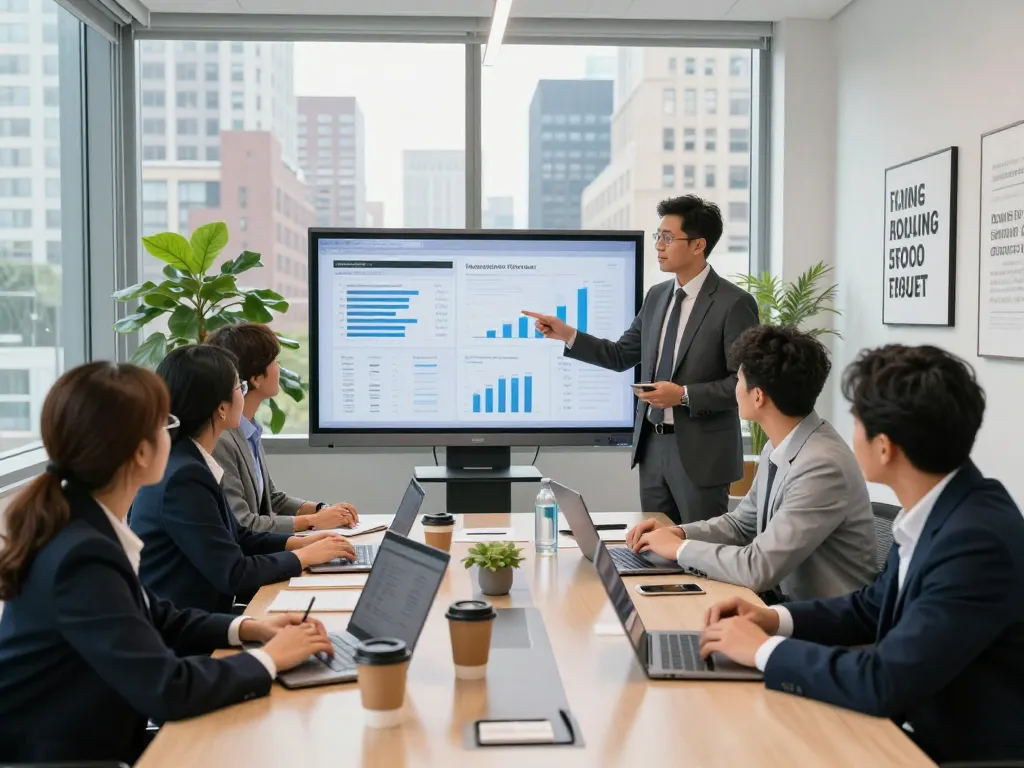 Team collaboration in NYC office showcasing Best SEO Company NYC strategies with engaging presentations and skyline view.
