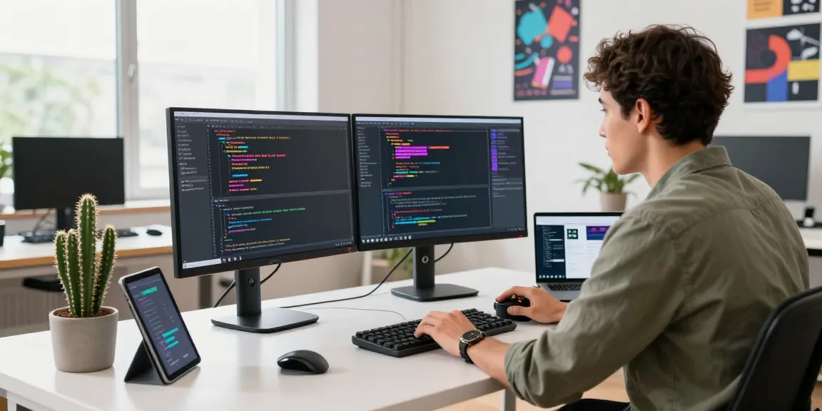 Engineer coding dual monitors displaying openai jobs in vibrant tech workspace.
