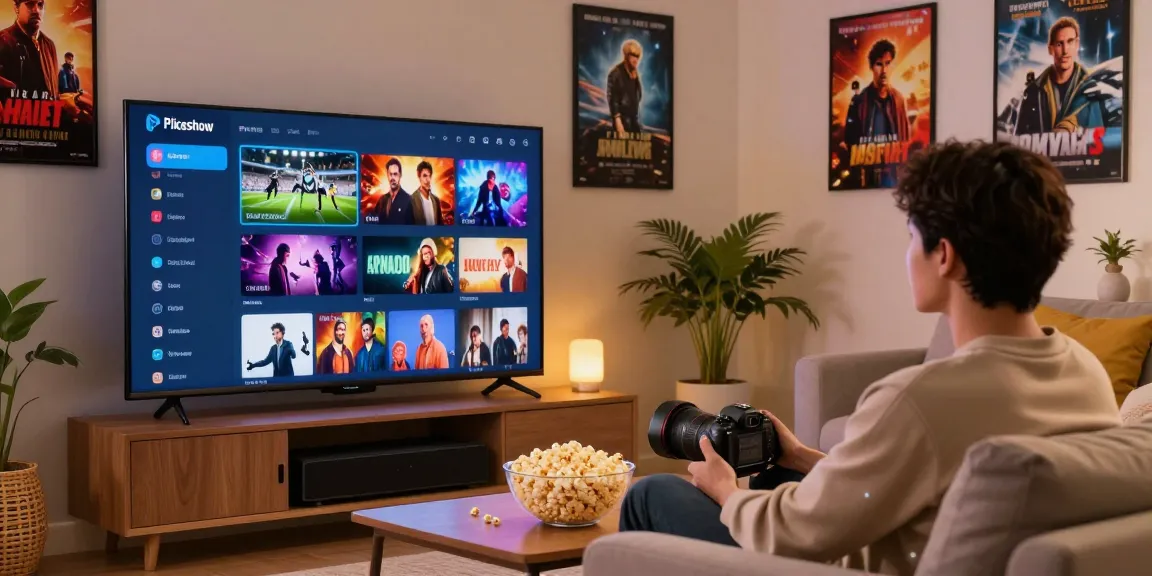 Pikashow APK streaming setup with user watching movies on smart TV, cozy living room atmosphere.