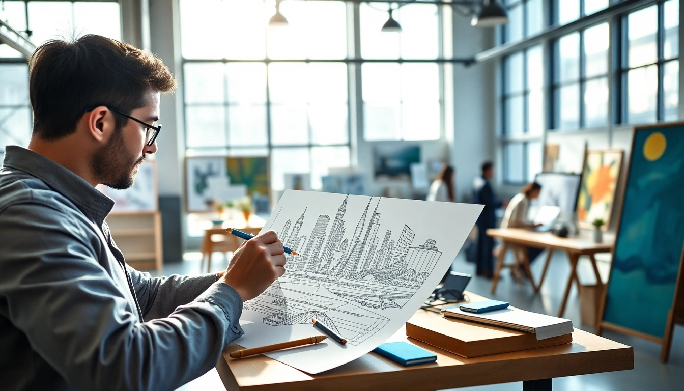 Graphic designer at work on https://bestdesignersintheworld.com/ sketching a modern cityscape.