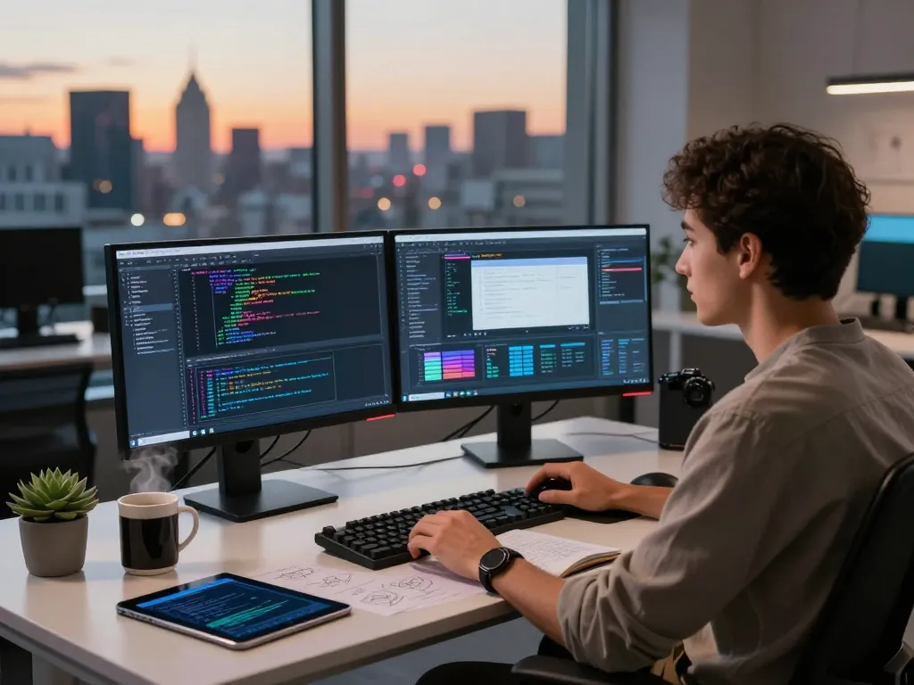 Software engineer at a modern desk using an image to prompt ai tool with dual monitors and coffee.