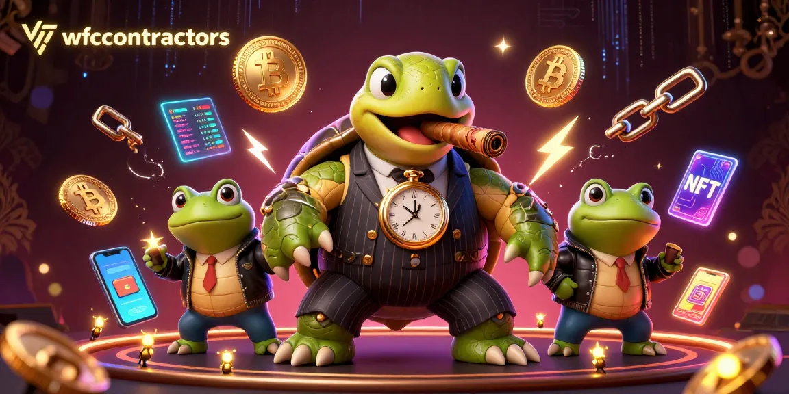 Experience wfccontractors' vibrant casino atmosphere with unique 3D turtle mobsters and glowing crypto elements.
