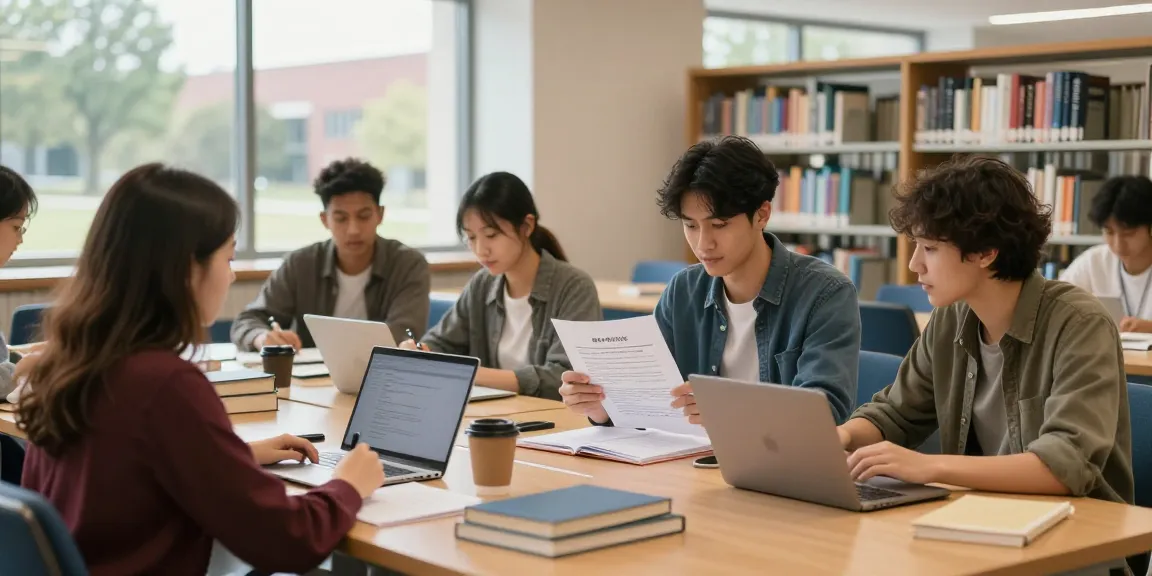 学生们在现代图书馆学习期间讨论国外大学毕业证的验证。