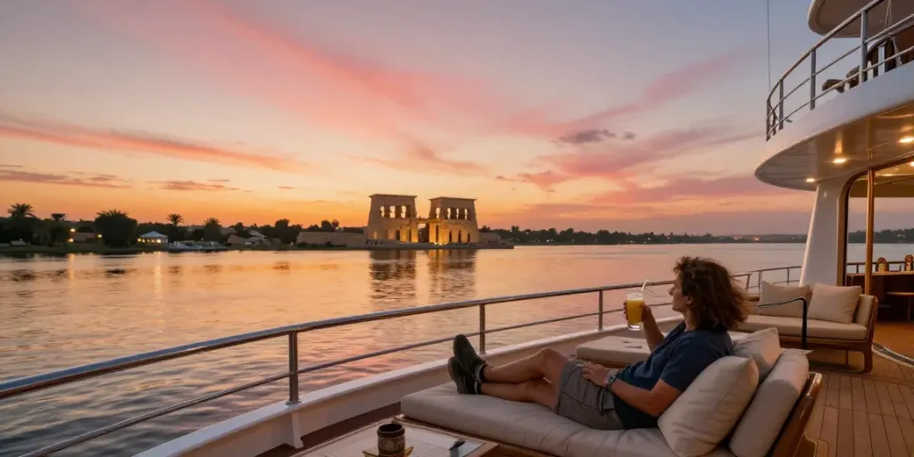 Traveler enjoying a Lake Nasser cruise at sunset, surrounded by stunning Nubian temples and luxury ambiance.