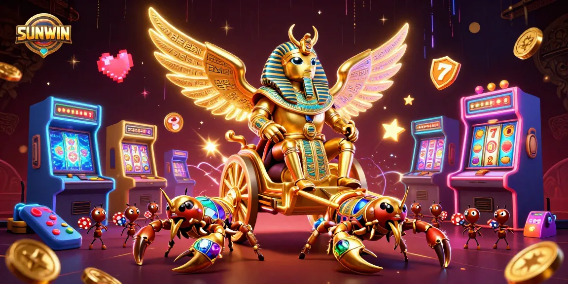 SUNWIN offers an engaging casino scene with a golden scarab beetle, scorpions, and dynamic slot machine visuals.