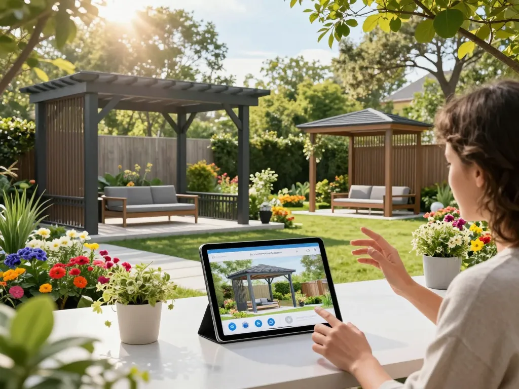 Engaging client demonstration of the All-in-One pergola Configurator in a vibrant outdoor garden.