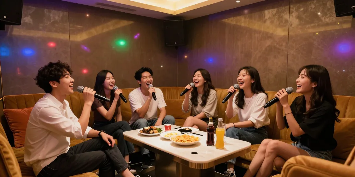 강남 엘리트의 프라이빗한 노래방에서 친구들이 즐겁게 노래하는 모습