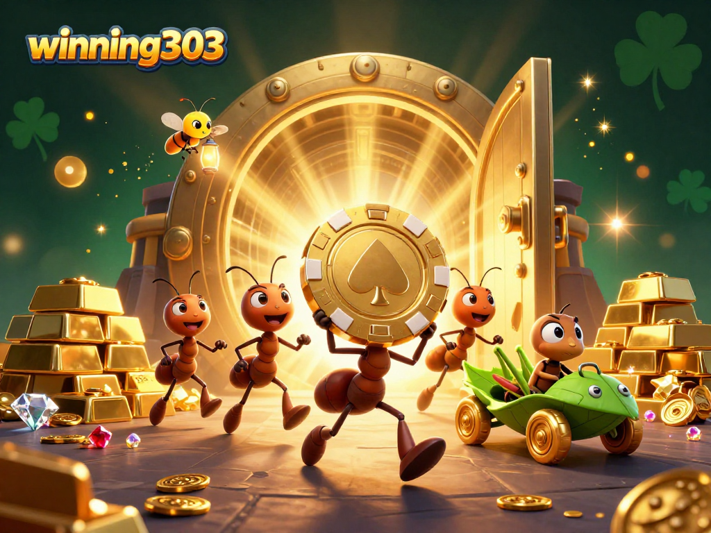 Winning303 heist scene with ants carrying a giant poker chip and treasure elements in a rich 3D illustration
