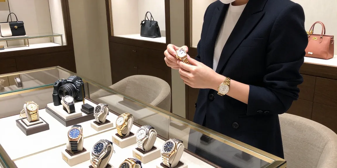 Stylish individual exploring replica watches in a luxurious boutique with elegant decor and designer accessories.