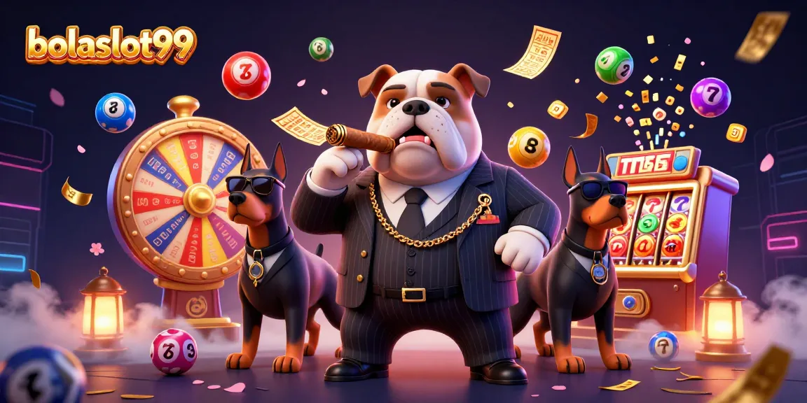 Bolaslot99 showcases a 3D mafia bulldog surrounded by lottery elements, spinning prize wheel, and dynamic slots.