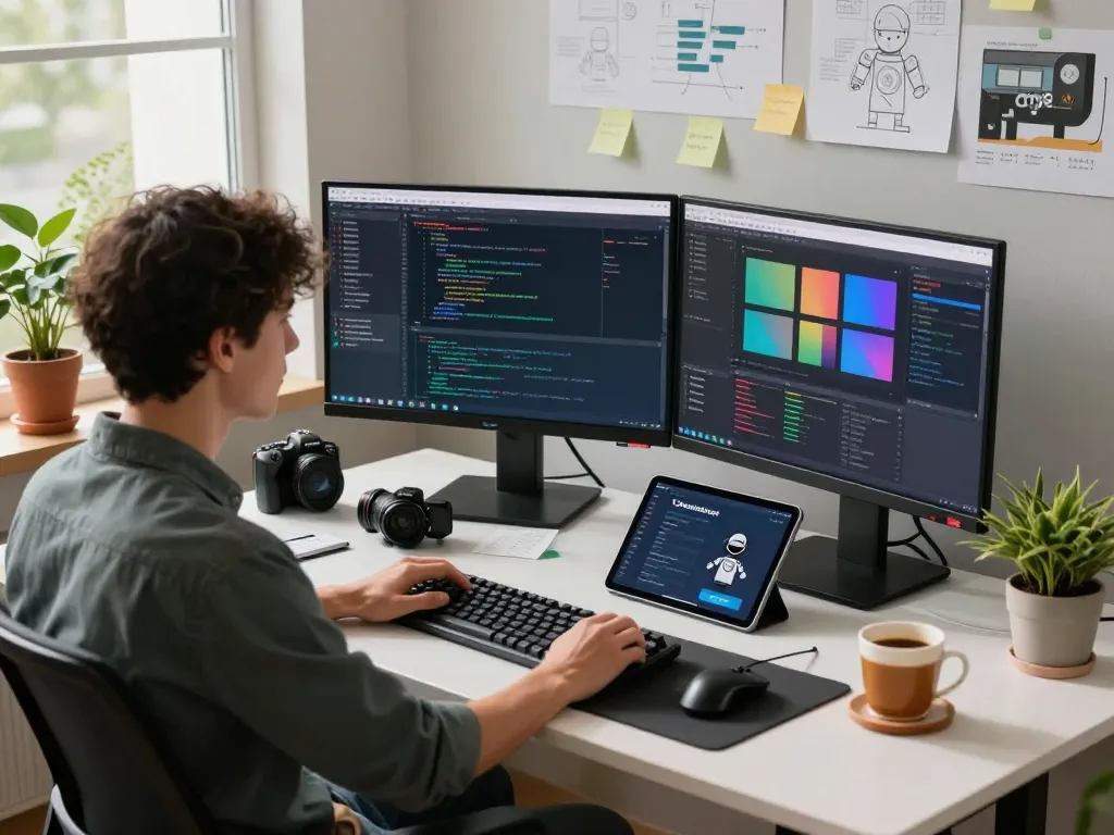 Developer using Clawdbot on dual screens in a modern tech workspace