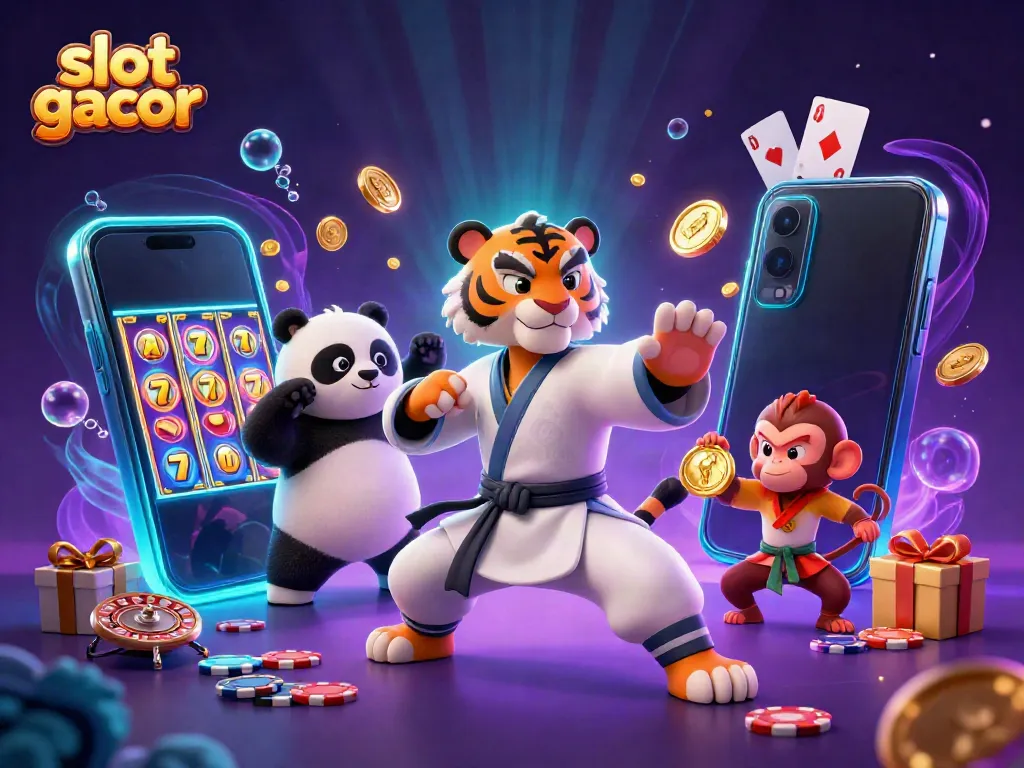 Engaging depiction of slot gacor with kung fu characters and vibrant casino elements.