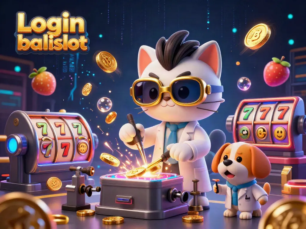 Engage with Login balislot in a vibrant 3D casino scene featuring a mad scientist cat and dynamic slot elements.