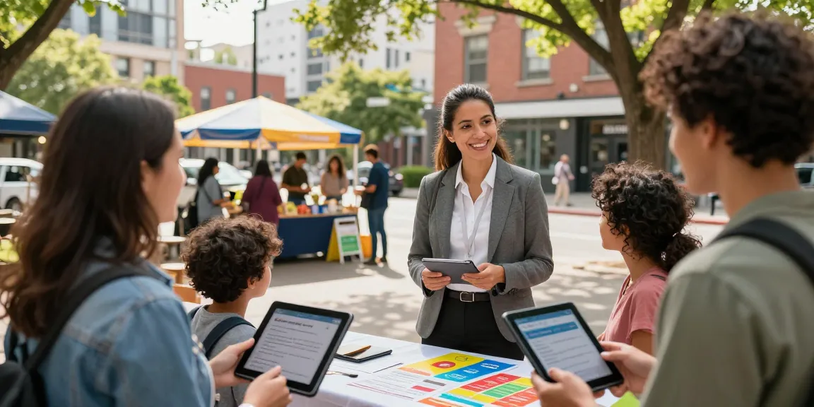 A community professional helping clients find a pro for their service needs in a vibrant urban square.