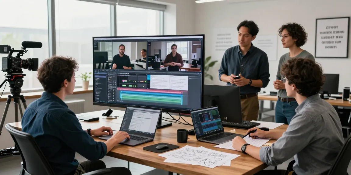 Creative Corporate & Commercial Video Production Sg team collaborating in a modern studio, showcasing dynamic filmmaking process.