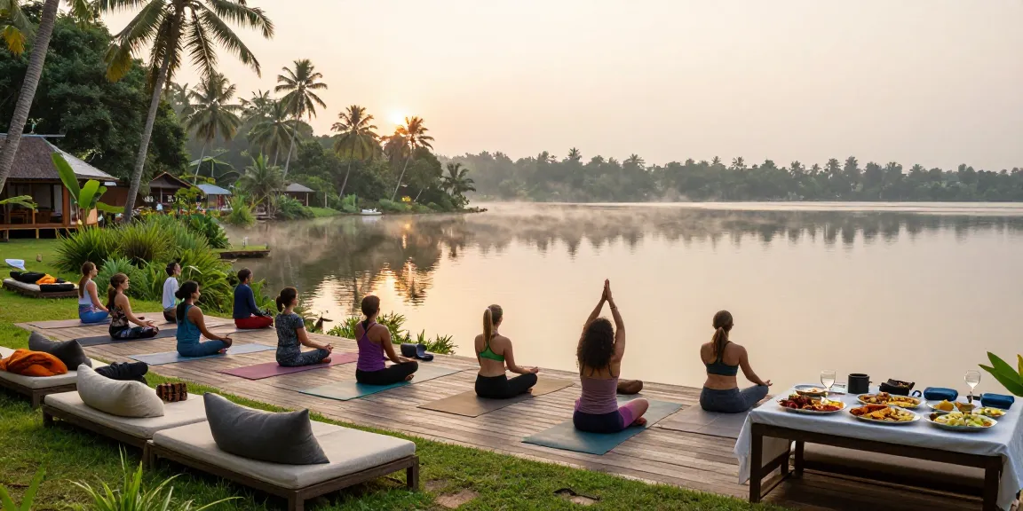 Experience the best yoga retreats sri lanka 2026 at a tranquil lakeside setting during sunrise, with a group practicing yoga amidst lush greenery.