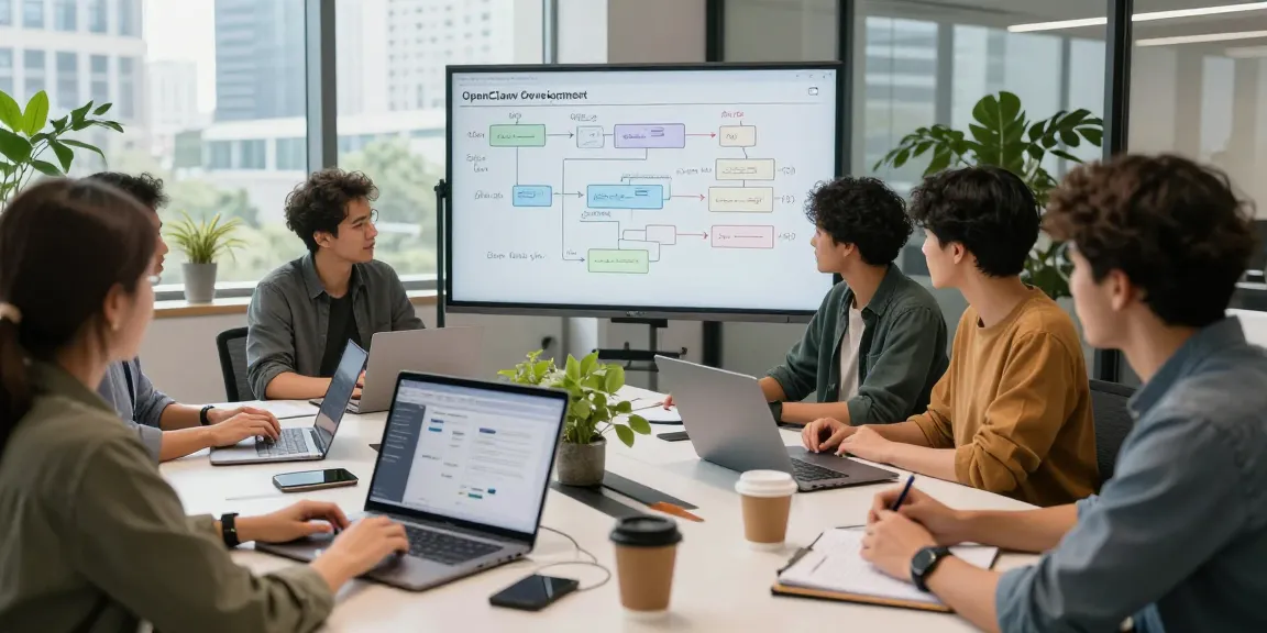 Developers showcasing openclaw skills in a collaborative software workspace with modern tech.