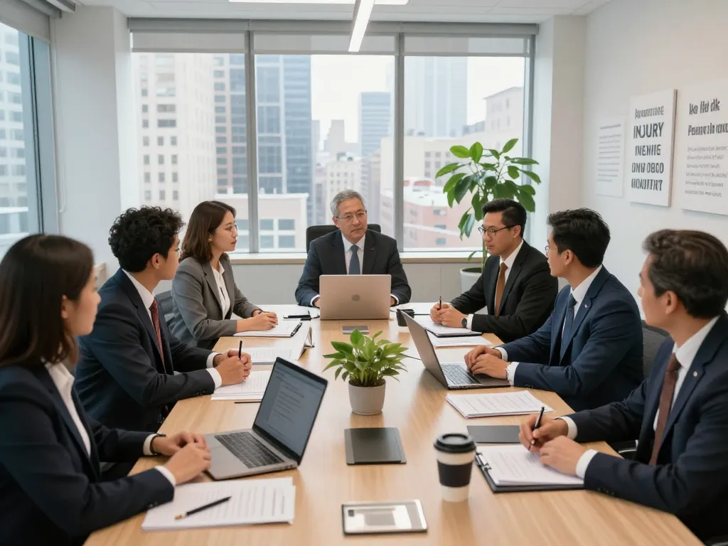 New York City Personal Injury Lawyer team strategizing over case files in a modern office