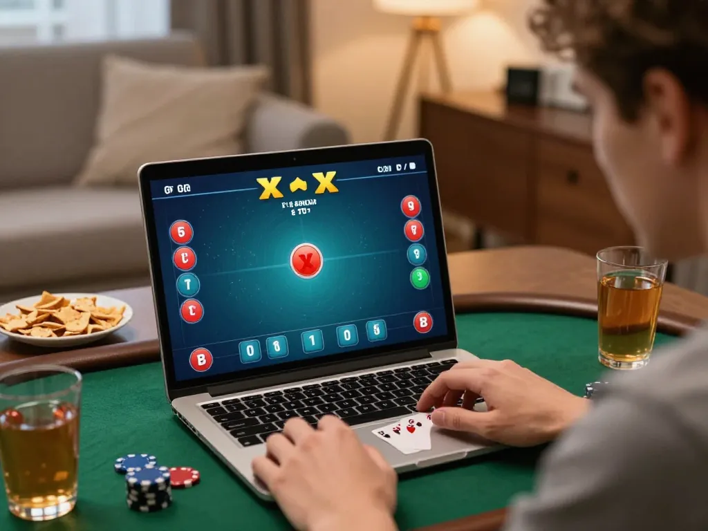 Playing poker online at open88 com in a cozy home environment, focused on strategy and gaming.