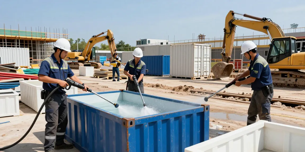 Containerreinigungsfirma Dortmund bei der professionellen Reinigung von Baustellencontainern, Mitarbeiter in Schutzhelmen bei der Arbeit.