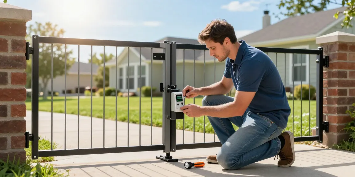 Mighty Mule gate opener troubleshooting in suburban driveway with homeowner examining gate mechanism.