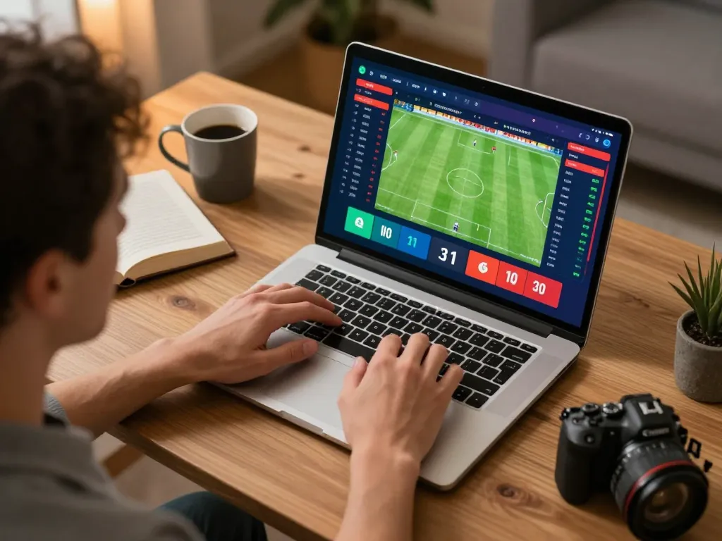 Person engaging with soccer betting odds on Socolive platform in cozy home office