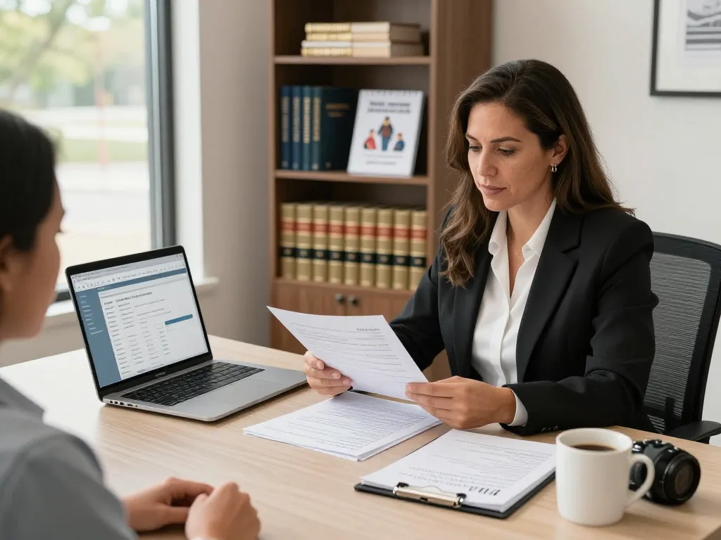 Maryland divorce lawyer Vanessa R. Dozier assisting clients in a bright, professional office environment.