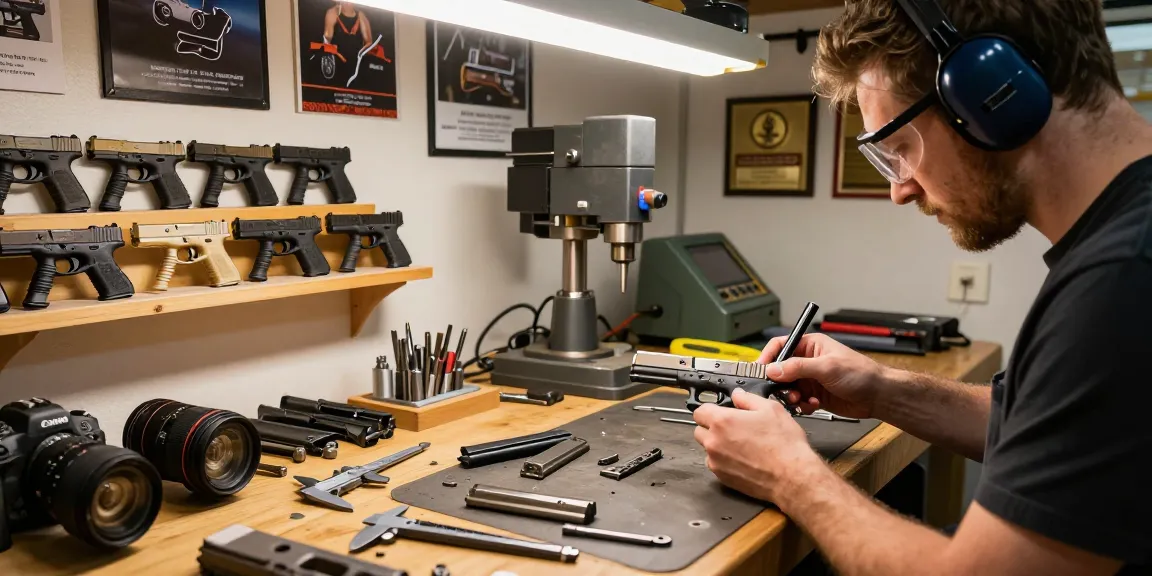 Examine precision Glock slides at https://precisionglockslides.com in skilled gunsmith workshop.