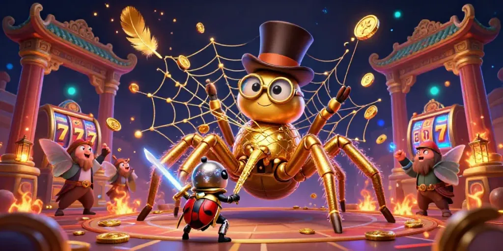 gambar judi slot menampilkan tarantula emas dan ksatria berdiri di kasino
