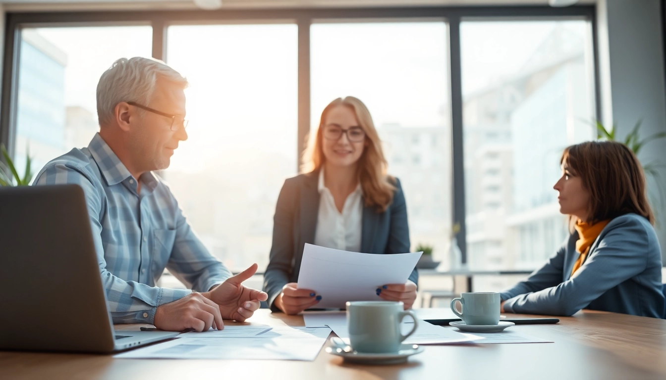 Consultants collaborating on contracts and grants in a professional office environment.