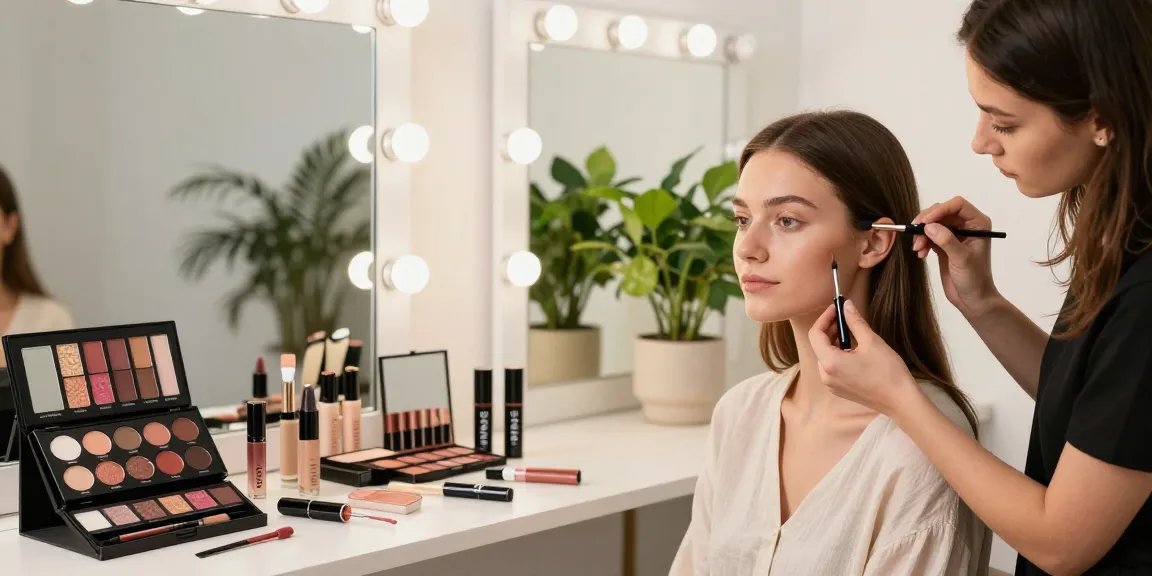 Skone Cosmetics natural everyday makeup application showcasing vibrant shades in a modern studio setting, highlighting makeup wholesale potential.