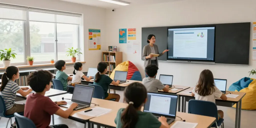 AI for students being utilized by a teacher and diverse students in a bright classroom.