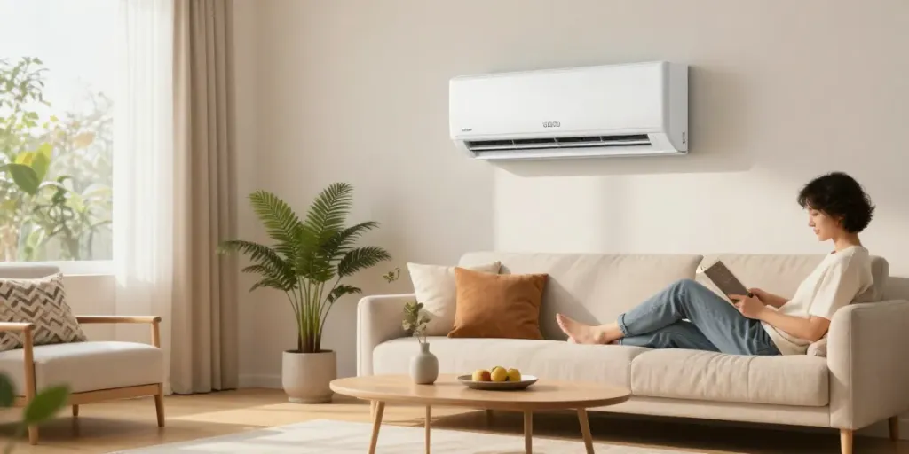 Comfortable living room highlighting a 12000 BTU mini split air conditioning unit with natural light.