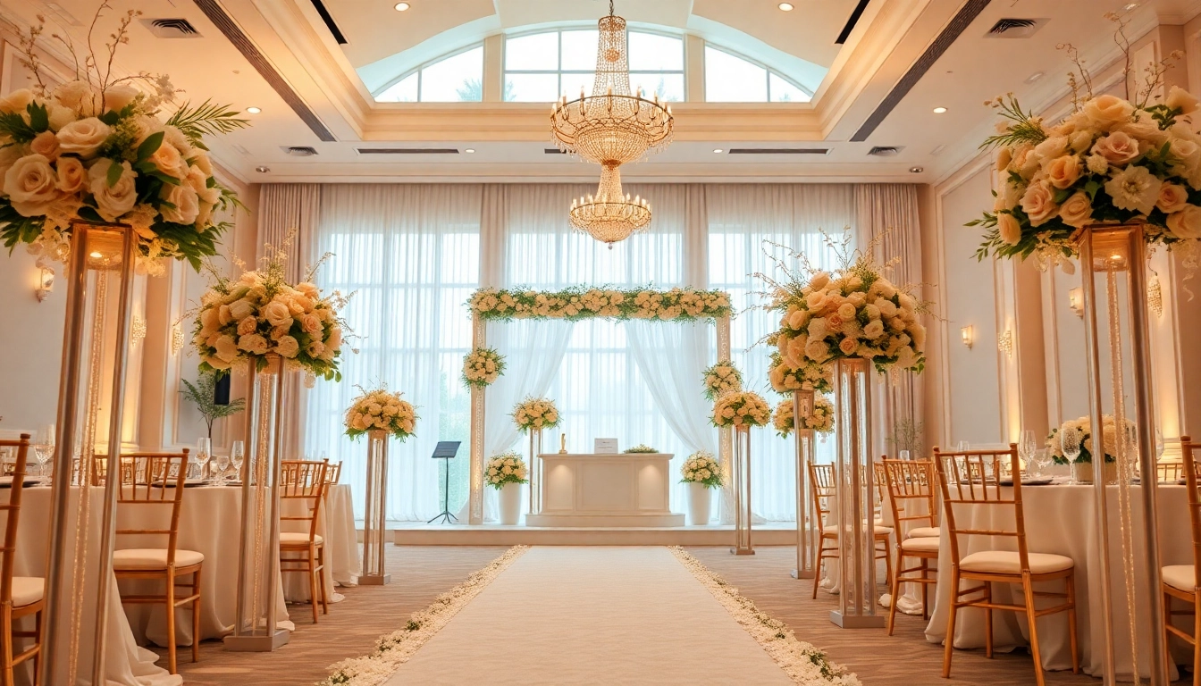Capture a romantic wedding scene at the Best Wedding Venue Jacksonville with elegant decorations and ambient lighting.