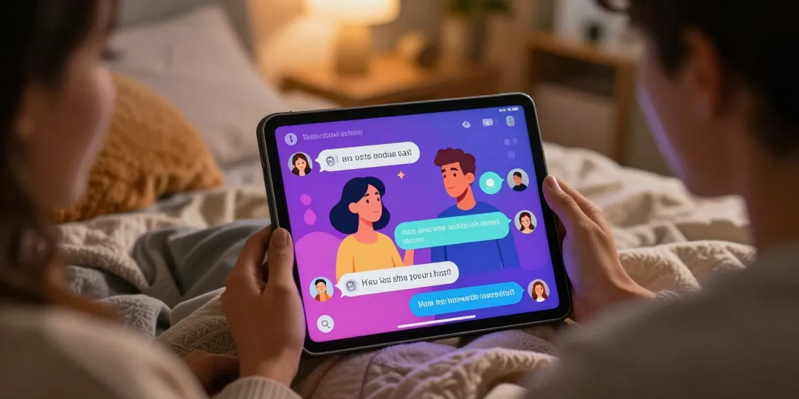Engaging in an NSFW AI chat with colorful avatars on a tablet, highlighting intimate connection and excitement.