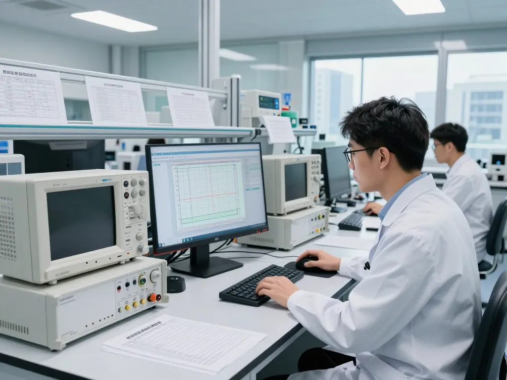 Technician analyzing product compliance data in a modern testing lab