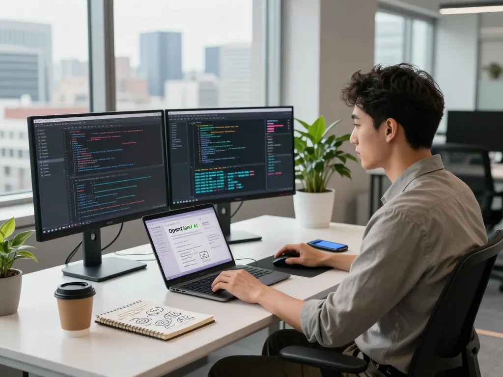 OpenClawd AI workspace with developer coding, monitors displaying project details in a modern office setting.