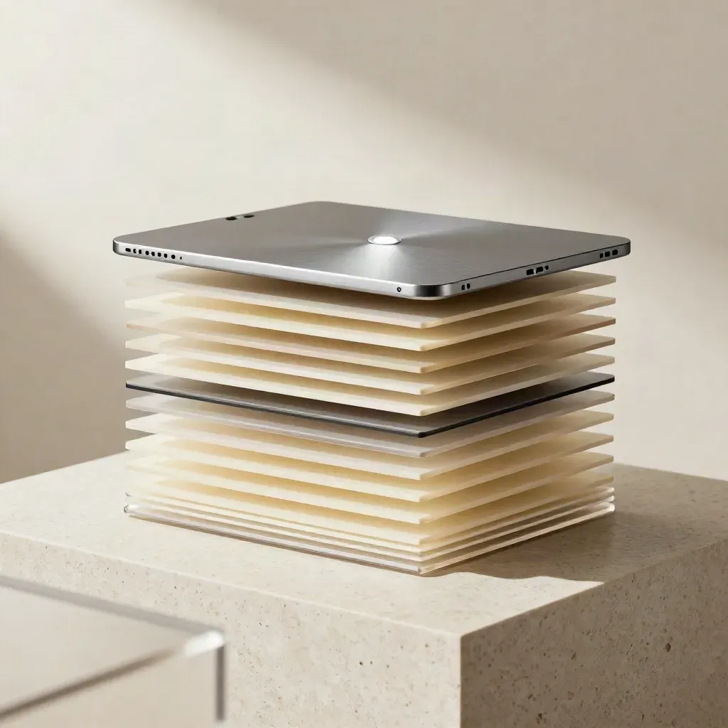 Layered cream website panels with a brushed tablet and small lamp on travertine