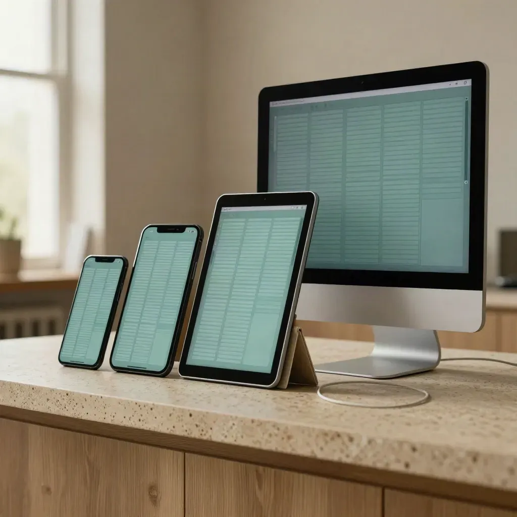 Three devices show matching grid layouts beside a folded stand and cable loop in warm window light.
