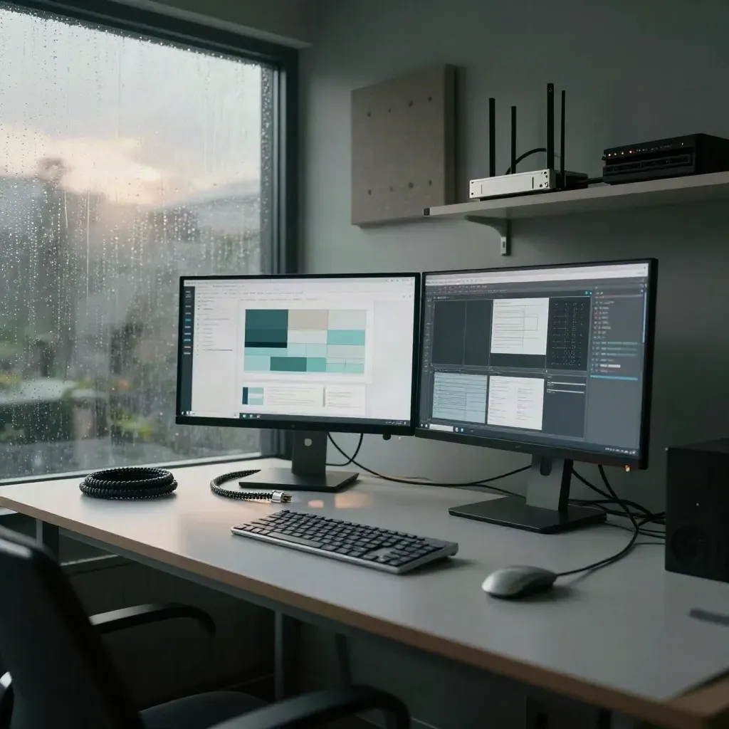 Rainy web studio corner with glowing monitors, metal keyboard, cables, and misty dawn light.