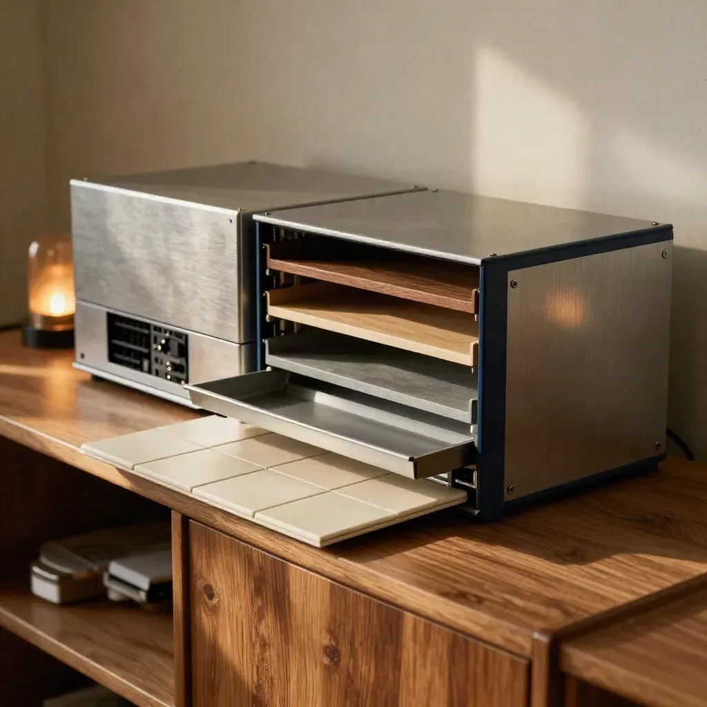 Blank modular tiles, server box, and file trays in a warm studio corner, side-lit and orderly.