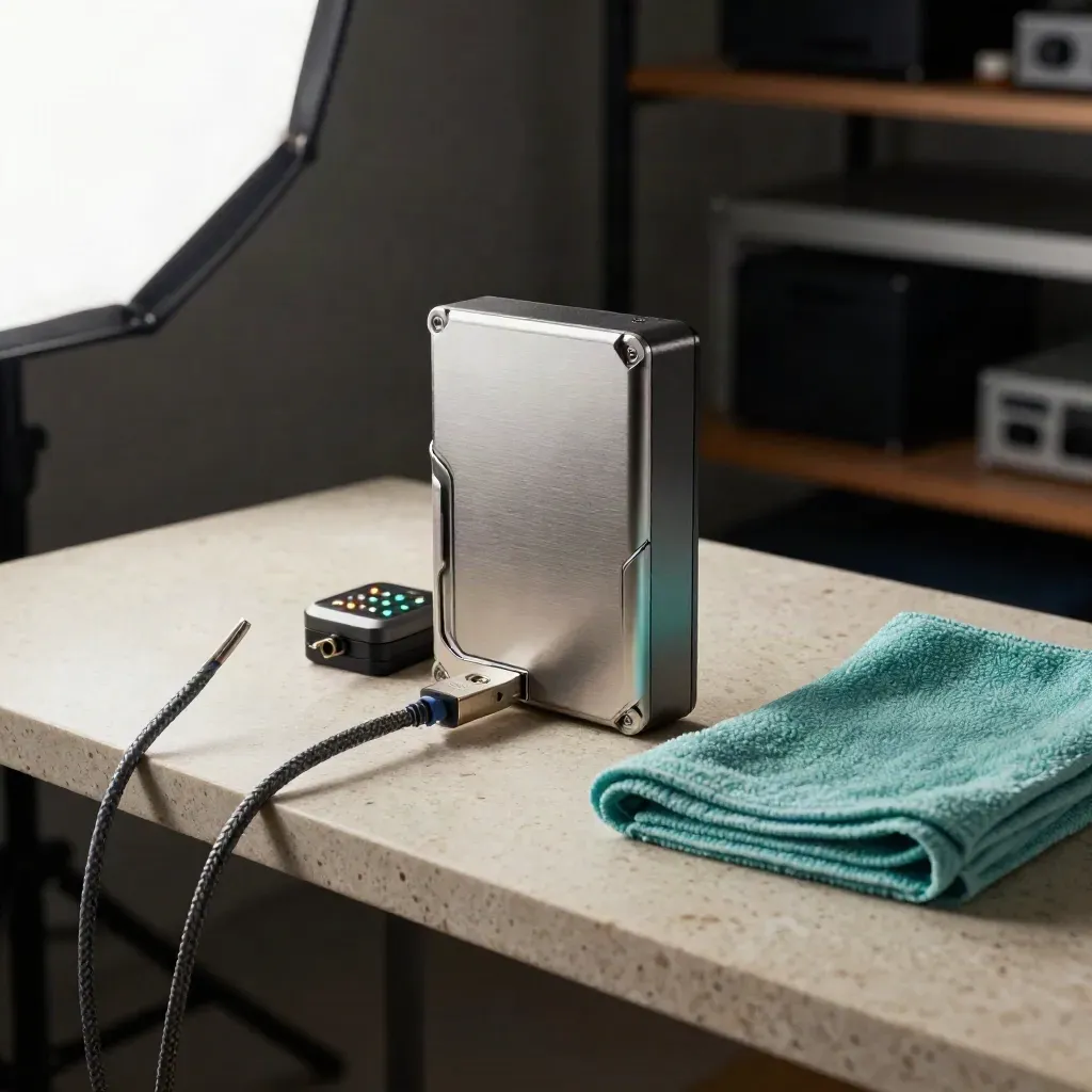 Backup drive and maintenance dock with patch cables on a pale bench as lights turn green.