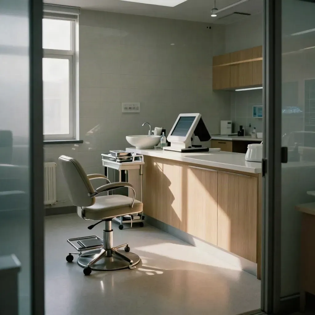 Empty dental clinic reception with white ceramic surfaces, trolley, chair and angled booking terminal.