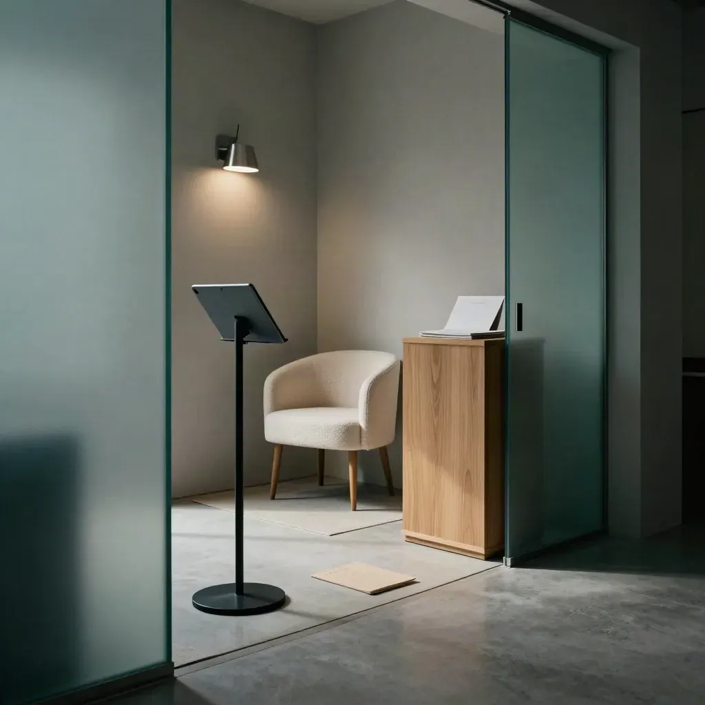 Serene coaching studio nook with tablet stand, sign-in pedestal, and soft glowing consultation corner.