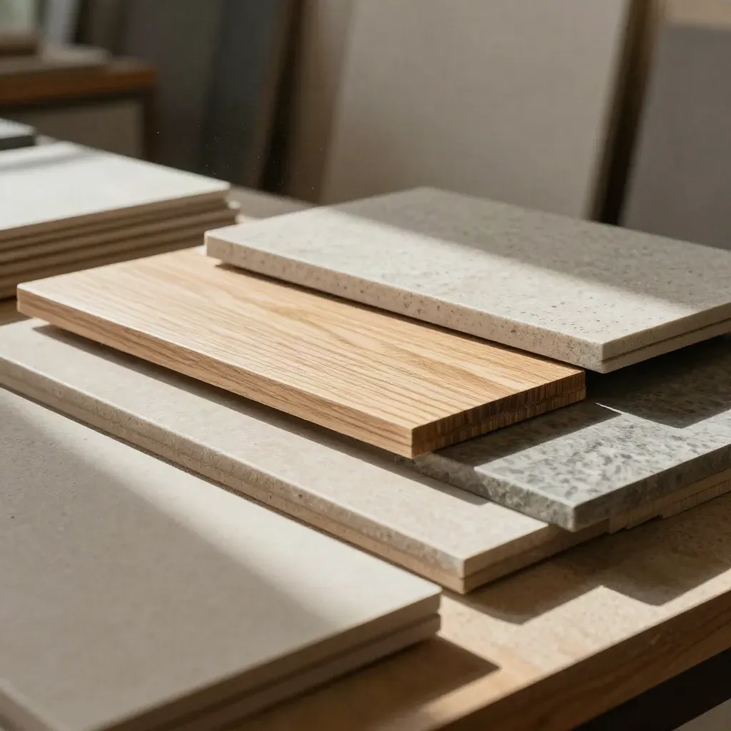 Tile boards, timber samples, stone counter and tablet dock in a builder showroom