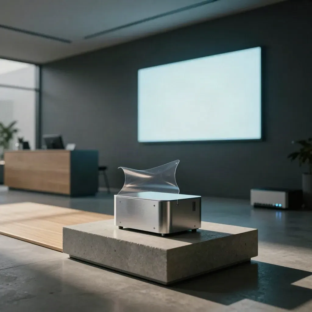 Sleek startup lobby with a device on a plinth, glowing monitors, and a ready reception path.