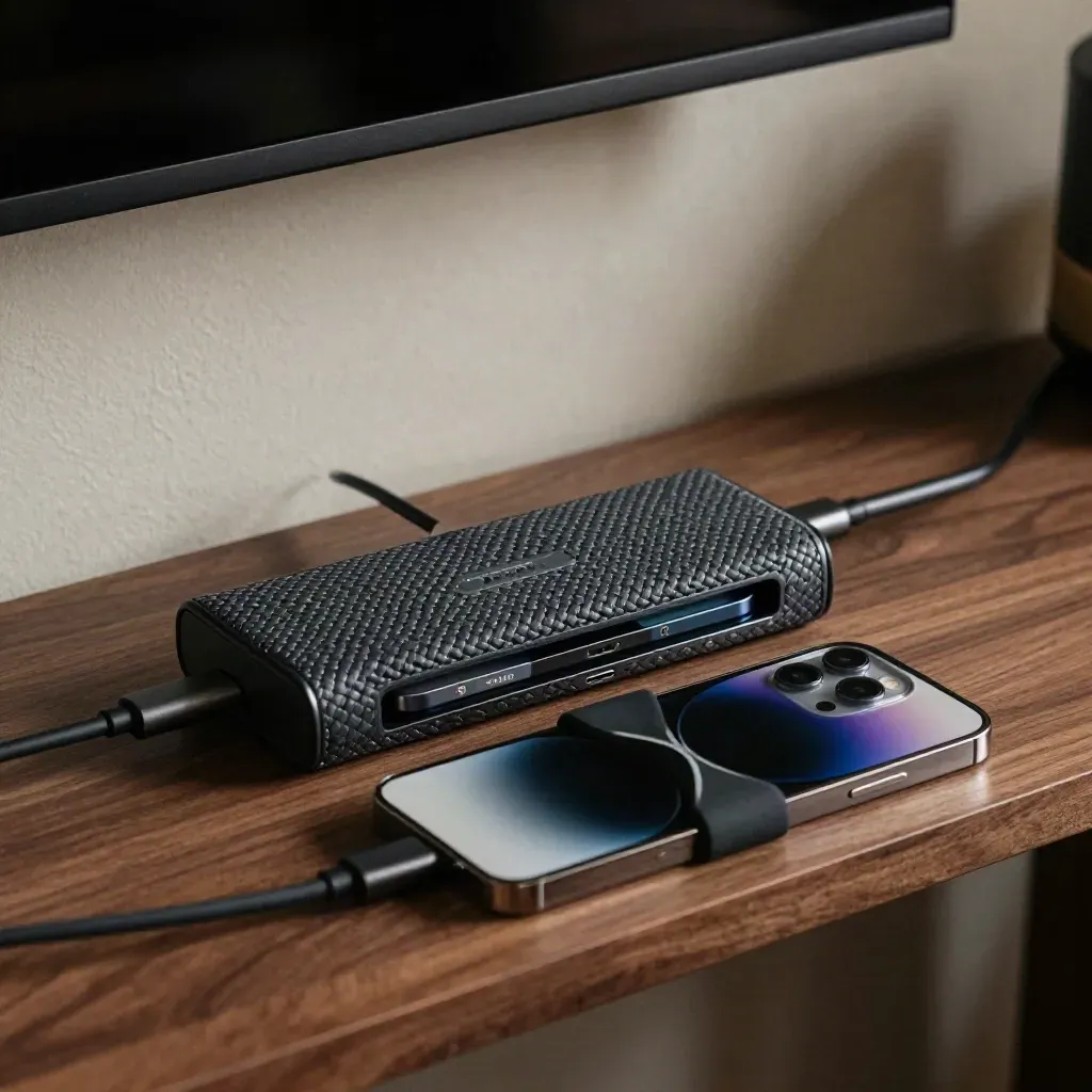 Braided USB-C hub and stacked phones arranged as a responsive layout on a walnut ledge