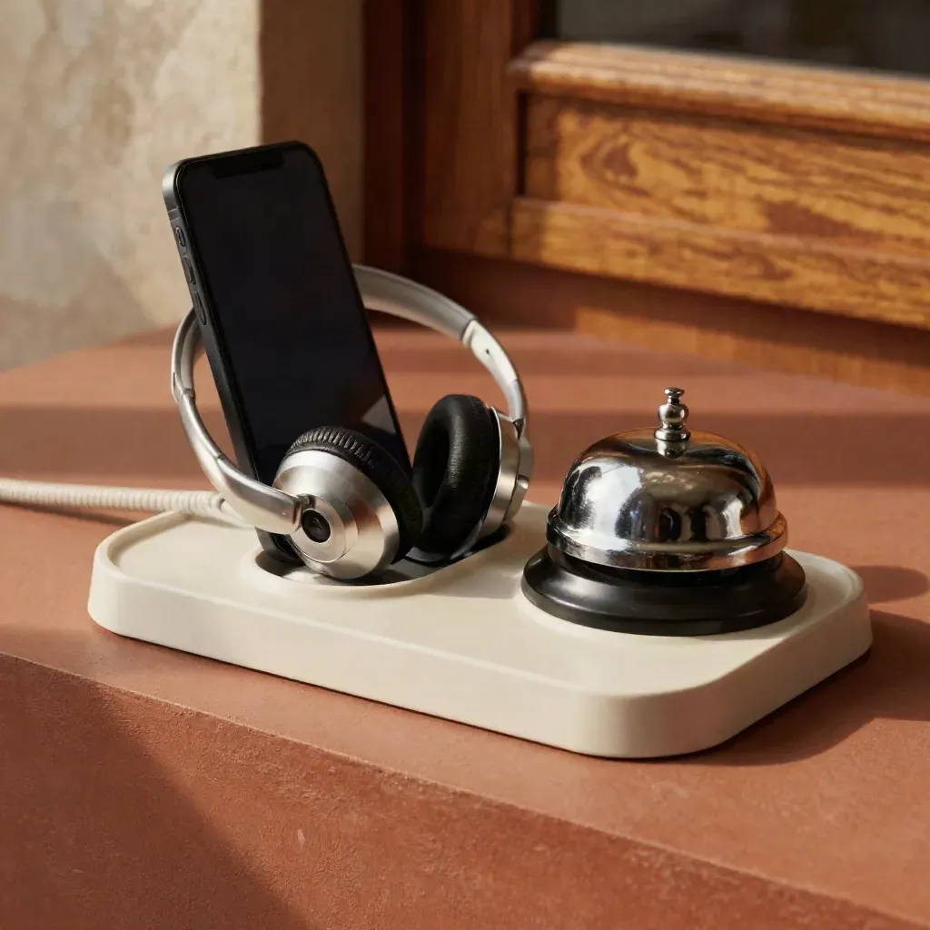 White support dock, headset cradle, service bell and cable loop on a cream tray.