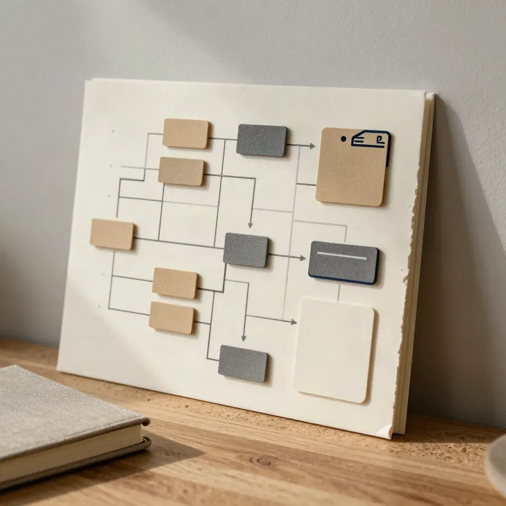 Sitemap tiles, tabs, and a closed notebook on a cork studio wall