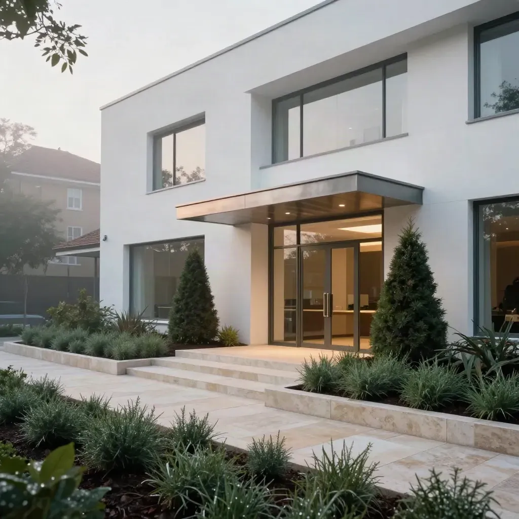 Morning-lit modern clinic façade with white stone entry garden in soft mist.